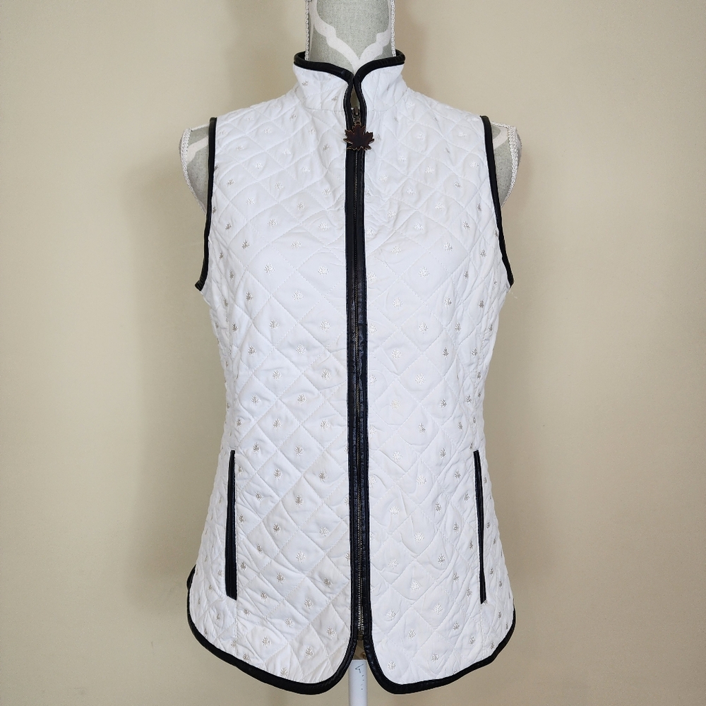 Quilted Equestrian Puff Vest Leather Trim Full Zip Embroidered Maple Leaf Small